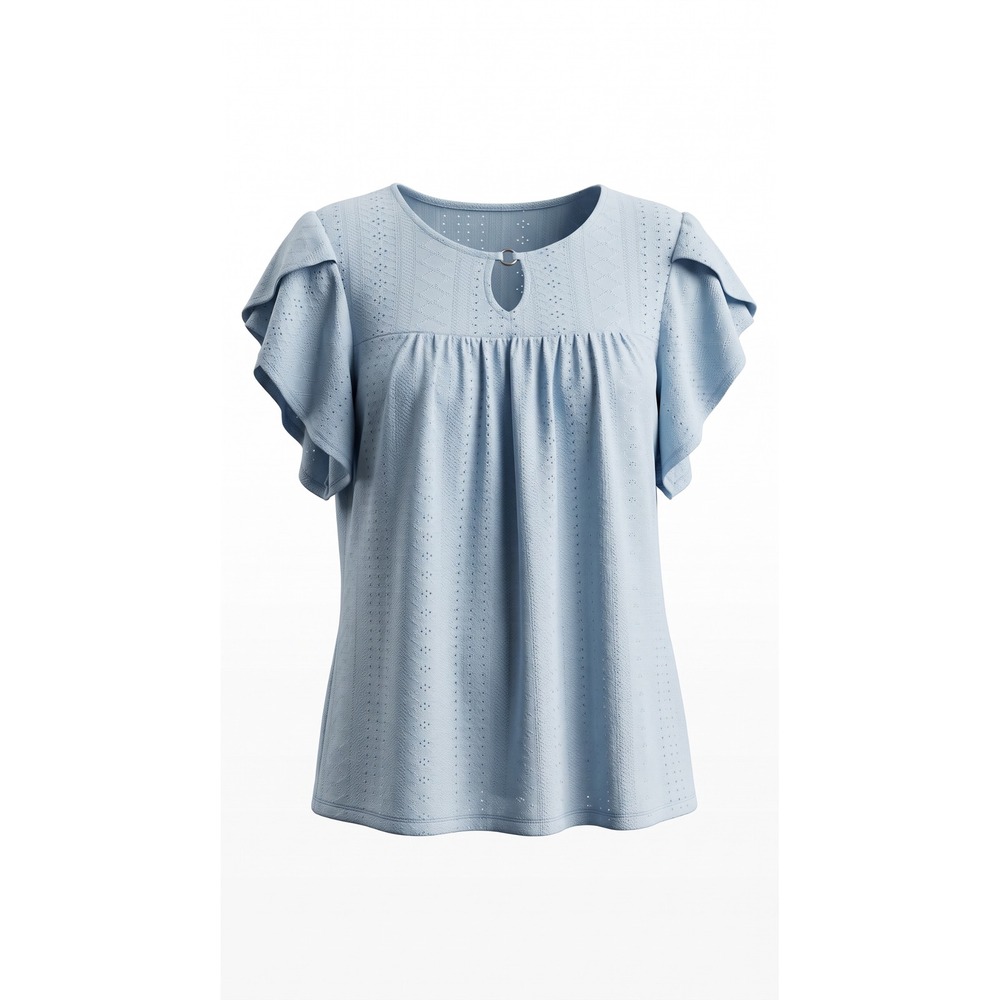Light Blue Eyelet Flutter Sleeve Keyhole Blouse 2XL Tiered Short Sleeve Top